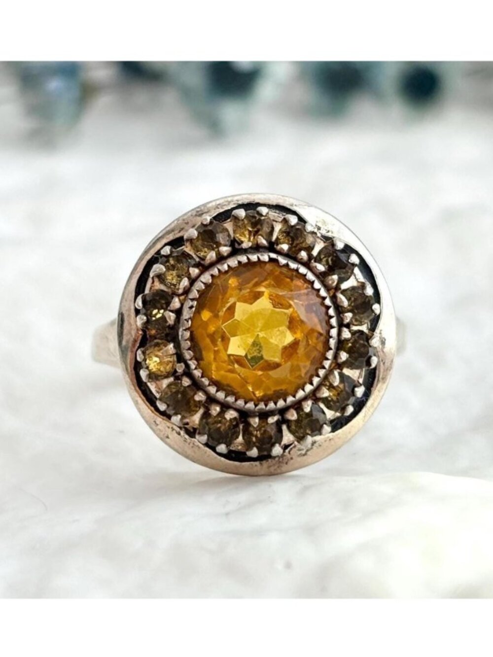 Citrine Halo Gemstone Scalloped Sterling Silver 925 Vintage Ring - sz 7